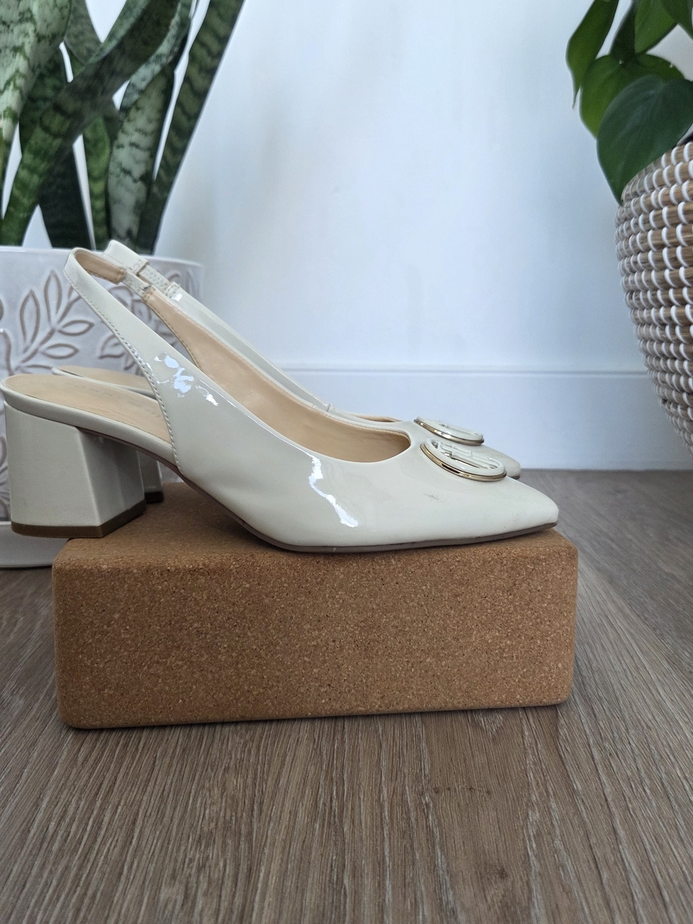 Tommy Hilfiger Cream Patent Slingback Block Heels with Gold Accent